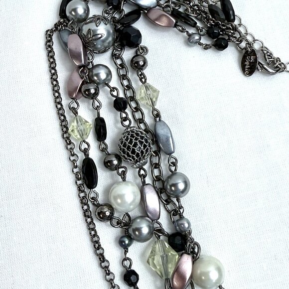 Lia Sophia Multi Strand Statement Necklace – Mixed Beads, Chains, Pearls, Black - Picture 4 of 7